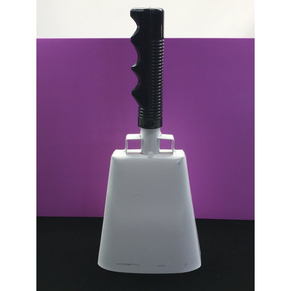 Noise Maker Cow Bell White Metal Bell Black Plastic Handle 10” Tall